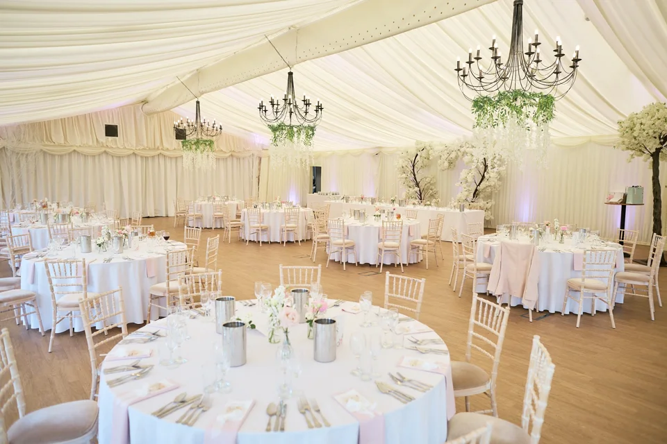 The reception room decorated for the wedding